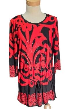 Red & Black Embellished Women's Tunic with Drawstring Belt. Size Large.